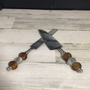 Silver tone with clear & brown glass beaded pies server set knife and server